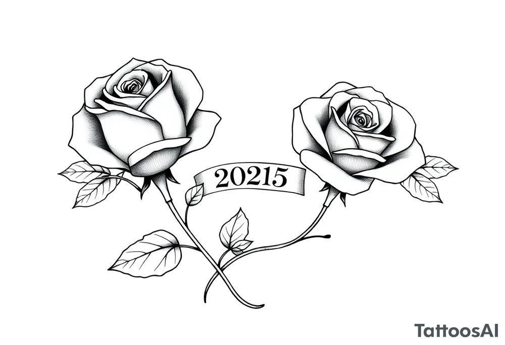 two beautiful large rose buds, one larger than the other, with many leaves next to the rose buds, with one sitting higher than the other. Include a banner connecting the two roses with the year "2025" on it.   Use dark outlines with little shading. The two stems should be short, not long, and connect and join into one stem, whimsically curved or twisted - not straight down. tattoo idea