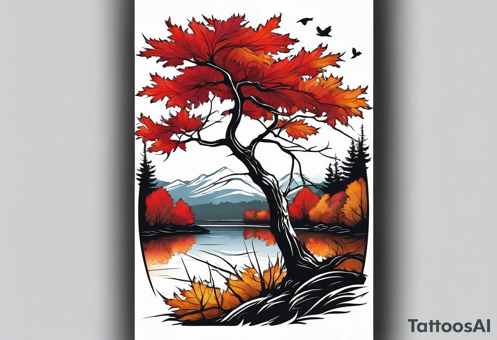 full left arm. A maple tree with red autumn leaves that branches upwards. White-throated dipper bird on the trees branches. Calluna flowers at the base of the trees stem. Tree stem has dark colors. Red/yellow sunset behind the trees stem. Leaves falling. tattoo idea