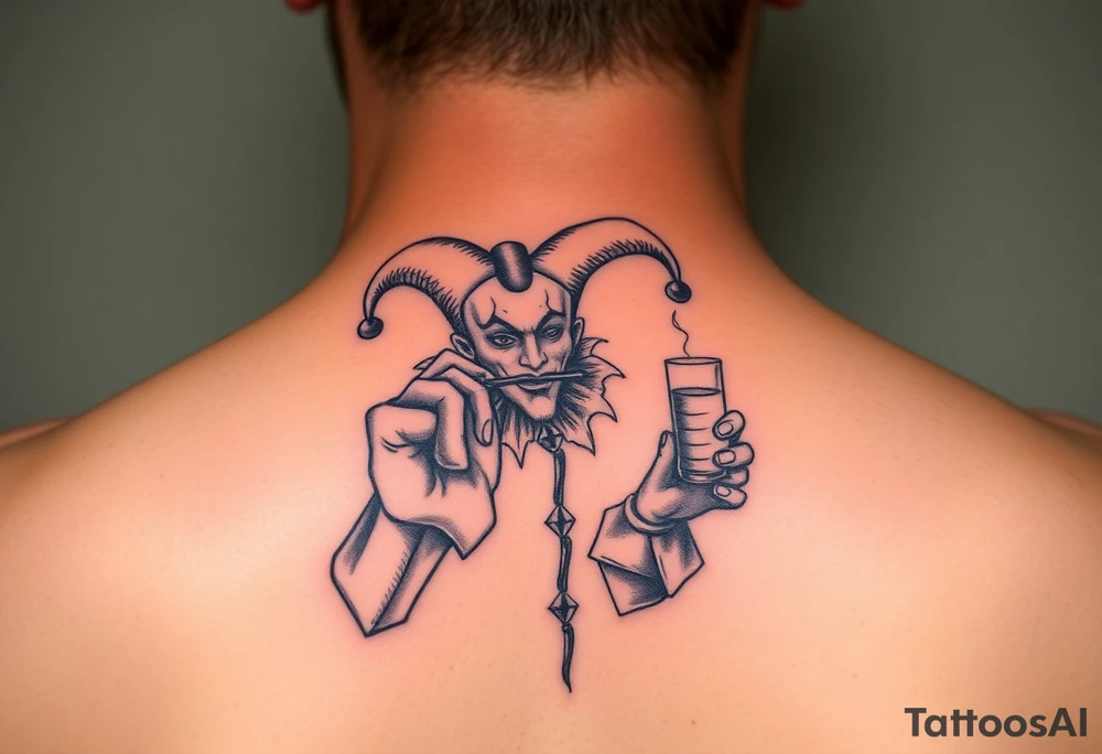 jester smoking and drinking in the other hand tattoo idea