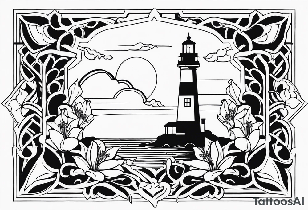 A light house with a lily flower in the bottom and christian imagery would be nice and the flowers should be a bit subtle as it is for a man tattoo idea