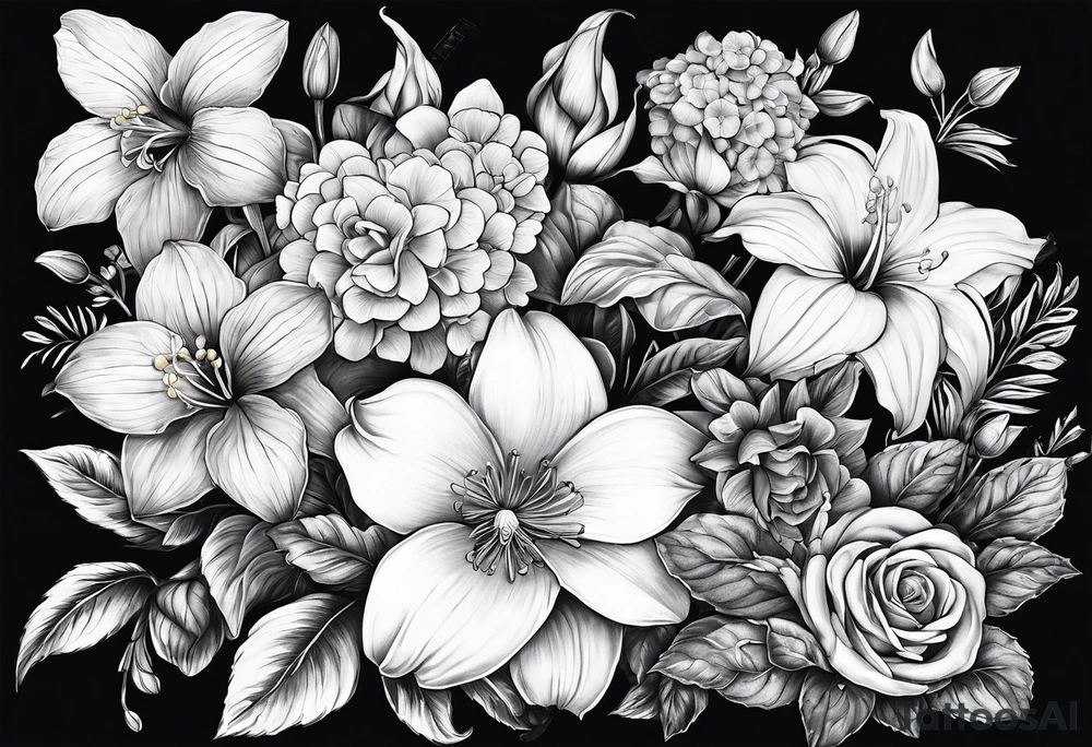 Rose orchid lily marigolds hydrangeas begonia dog wood gerber daisies tattoo idea
