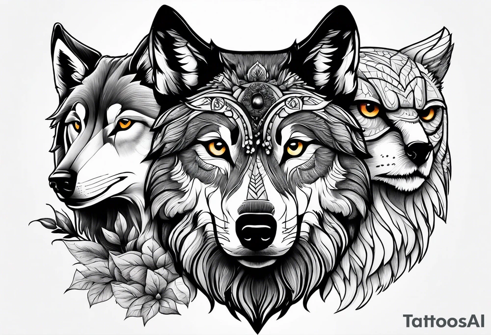 A Wolf as a father, an owl as the son and a lioness as the daughter. tattoo idea