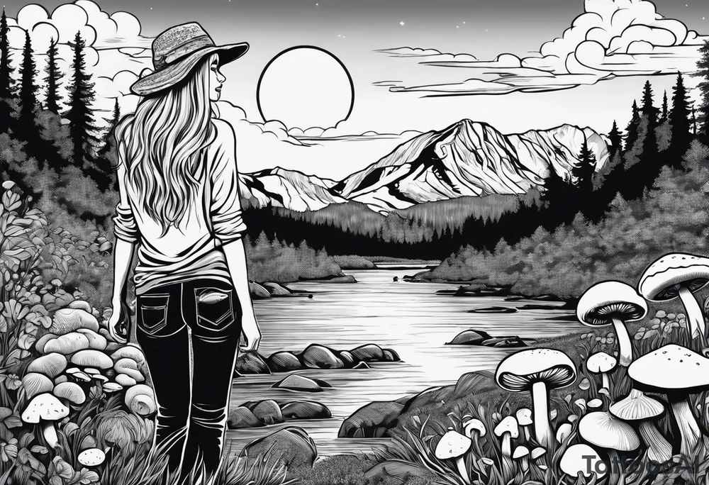 Whole picture encircled fully

Straight long blonde hair hippie girl in distance holding mushrooms in hand facing away toward mountains and creek surrounded by mushrooms long sleeve shirt and hiking pants; whole rendering within a full circle, no cut off circle tattoo idea