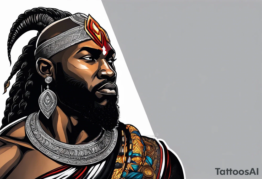 Black-skinned african god of war with a small silver crown tattoo idea