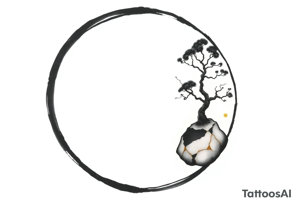 thick Zen ensō circle, drawn with a bold, hand‑painted black ink brushstroke. The circle is imperfect and organic, with visible texture and subtle variation in line thickness. About the last quarter of the circle, near the top‑right, transforms into a cracked ceramic segment that has been repaired using kintsugi: visible broken pieces outlined and joined by thin, flowing gold lines. There should be a couple big pieces of ceramic and no small ones. The circle and the ceramic part should have the same thickness. The gold seams follow the natural fractures of the ceramic section, creating several branching cracks rather than a single line, clearly distinguishing this repaired portion from the rest of the smooth ink circle. The transition from ink to ceramic should feel natural, as if the painted circle solidifies into a fragile object that has been lovingly mended. The ceramic shall seamlessly flow into a rock from which a tree of life sprouts. Design it as a black and gray tattoo with a subtle metallic gold effect on the kintsugi seams, suitable for a medium‑sized placement on the back of the bicep. tattoo idea