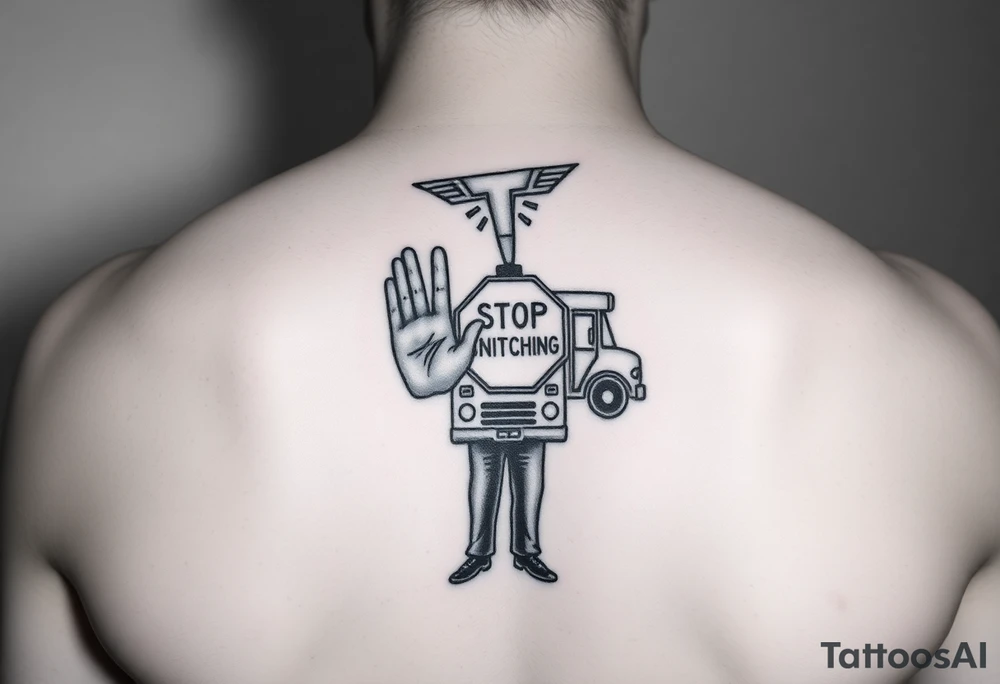 an african american with an afro with his hands standing in front of him with one hand vertically and one horrizonal in the shape of a T standing of a short bus with a stop sign that says STOP SNITCHING tattoo idea