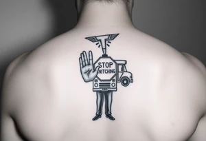 an african american with an afro with his hands standing in front of him with one hand vertically and one horrizonal in the shape of a T standing of a short bus with a stop sign that says STOP SNITCHING tattoo idea