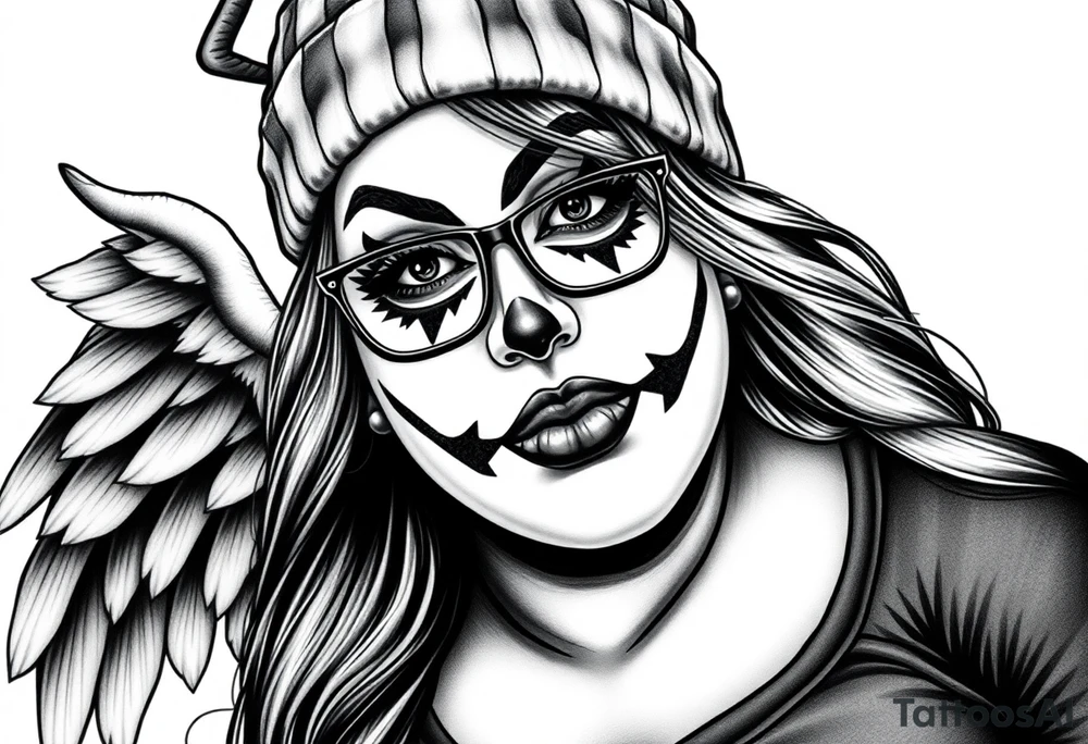Chicana BBL fat sexy chunky plus size beautiful long hair clown makeup angel wings thug beanie eyeglasses tattoo idea