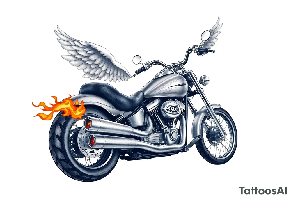 Low rider grey motorcycle, big muffler pipes with flames, angel wings, driving away, no person tattoo idea