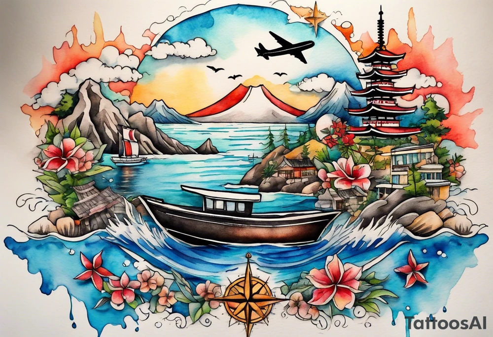Travel themed for thigh, compass rose overlaid with beach, mountains, city scapes and European landmarks in and around it, spilled watercolor and tiny jet plane silhouette and a tiny motor boat in the water tattoo idea