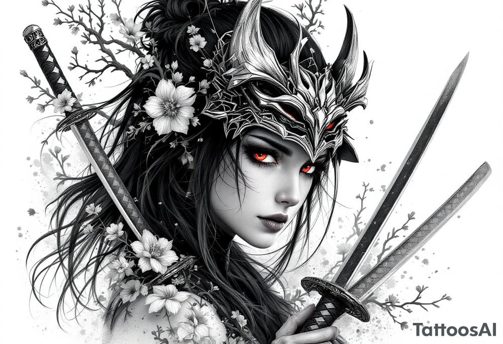 Woman samurai with red eyes wearing an half and broken kitsune mask like an hat, holding 
two katana and Sakura flowers ornement
Tatoo is for upper arm tattoo idea