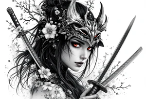 Woman samurai with red eyes wearing an half and broken kitsune mask like an hat, holding 
two katana and Sakura flowers ornement
Tatoo is for upper arm tattoo idea