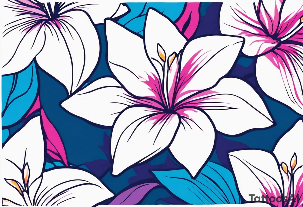 negative space linework mandevilla flowers over a brushstroke background of blue, pink and purple tattoo idea