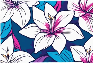 negative space linework mandevilla flowers over a brushstroke background of blue, pink and purple tattoo idea