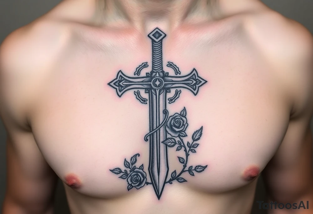 A gothic cross with a sword tip on the bottom going through an infinity sign and has roses and vines growing around tattoo idea