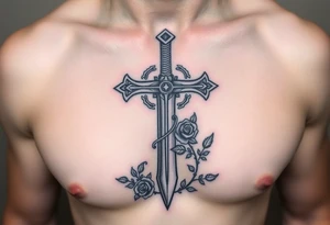 A gothic cross with a sword tip on the bottom going through an infinity sign and has roses and vines growing around tattoo idea