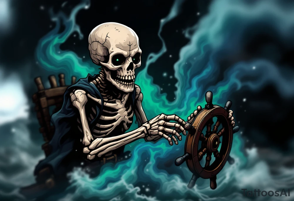 Skeleton Helmsman – A decayed pirate skeleton, gripping the wheel of a wrecked ghost ship, surrounded by misty blue and green fog. His hollow sockets burn with an undead curse, while the ship sails through stormy waves. tattoo idea