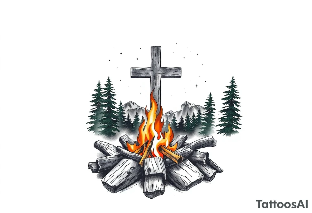 Campfire with cross include the great outdoors and night sky make sure cross doesn't look like it is on fire tattoo idea