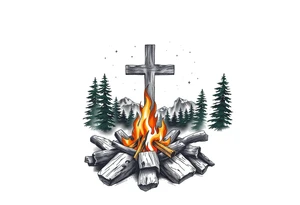Campfire with cross include the great outdoors and night sky make sure cross doesn't look like it is on fire tattoo idea