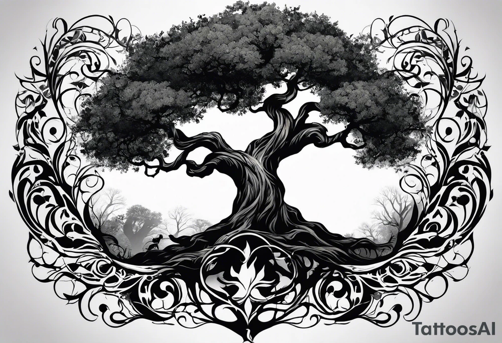 Full chest and neck tattoo with Tree of Life and Tree of Death**: Create a split composition featuring the Tree of Life on one side, teeming with vibrant foliage and lush growth, and the Tree of Death on the other, twisted and gnarled with dark, ominous roots. tattoo idea