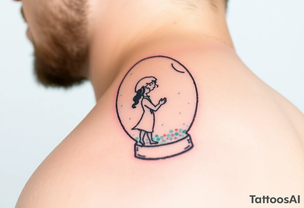 A tender kiss captured inside a glass snow globe, with soft pastel pink and light blue sparkles tattoo idea