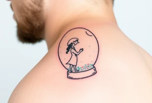 A tender kiss captured inside a glass snow globe, with soft pastel pink and light blue sparkles tattoo idea