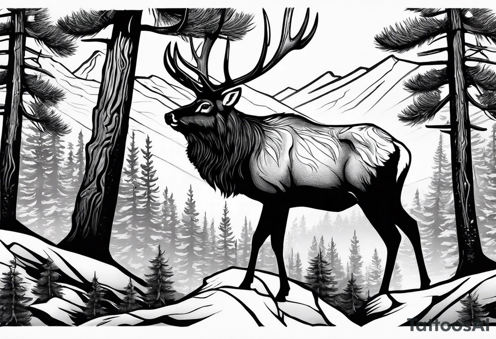 pine tree moutain elk sleeve tattoo idea