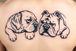 a golden retriever dog and an English bulldog, lying on their sides, head to head, foreheads touching, the golden retriever's head is larger than bulldog's tattoo idea