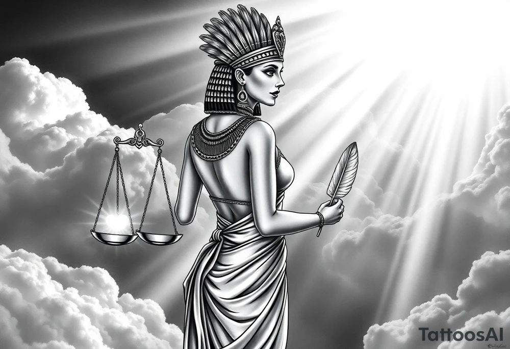 beautiful Egyptian goddess stands with her back slightly turned, accentuating her figure. Wearing a silk gown. She wears an elaborate ostrich feather headdress and ornate, intricate ancient Egyptian jewelry draped across her body. Her expression is mysterious and confident. In one hand, she holds the Scales of Justice: one side holds a radiant, glowing heart; the other, Ma’at’s feather. The scales themselves shimmer with an otherworldly light.
The background is a surreal, heavenly landscape filled with luminous clouds and beams of divine light piercing through, creating dramatic contrasts of deep shadows and highlights. The entire scene is bathed in an ethereal, mystical glow, with a dreamlike, almost supernatural atmosphere. tattoo idea