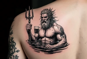 young, fit poseidon in calm water, holding a trident, drinking a beer, with a barefoot tattoo on his bicep tattoo idea