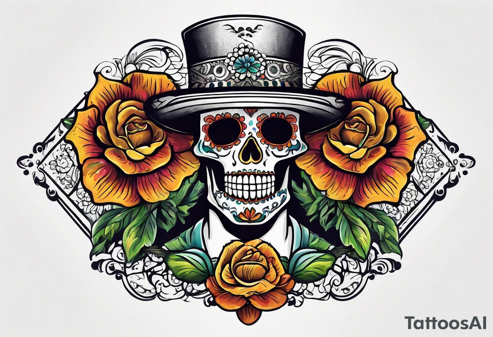 Mexico day of dead  rectangle  man skeleton tattoo idea