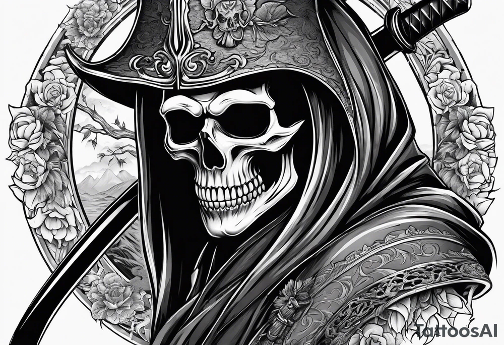 katana with grim reaper and skull tattoo idea