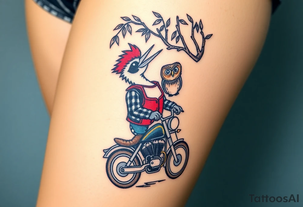 Woody the woodpecker wearing a leather vest that says peckerwoods, on a Harley Davidson under a willow tree, gazing in love at a barn owl tattoo idea