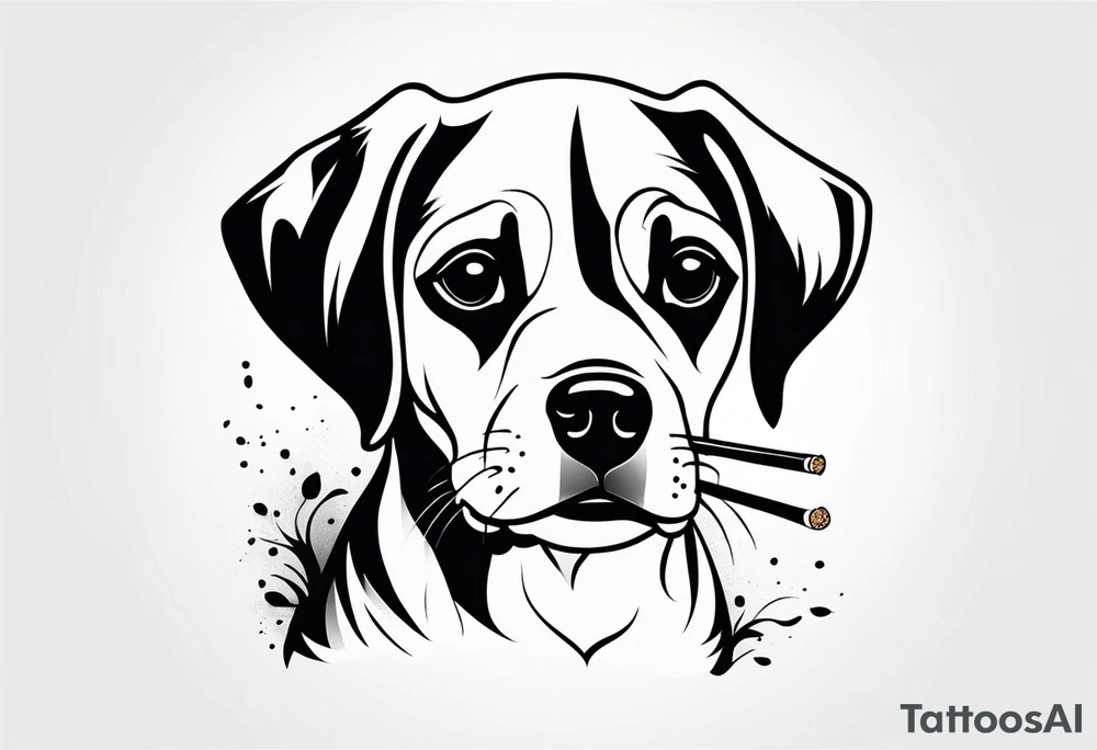 A black and white sketch of a cute dog with large, sad eyes, sitting and smoking a cigarette, with smoke swirling around its head tattoo idea