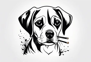 A black and white sketch of a cute dog with large, sad eyes, sitting and smoking a cigarette, with smoke swirling around its head tattoo idea