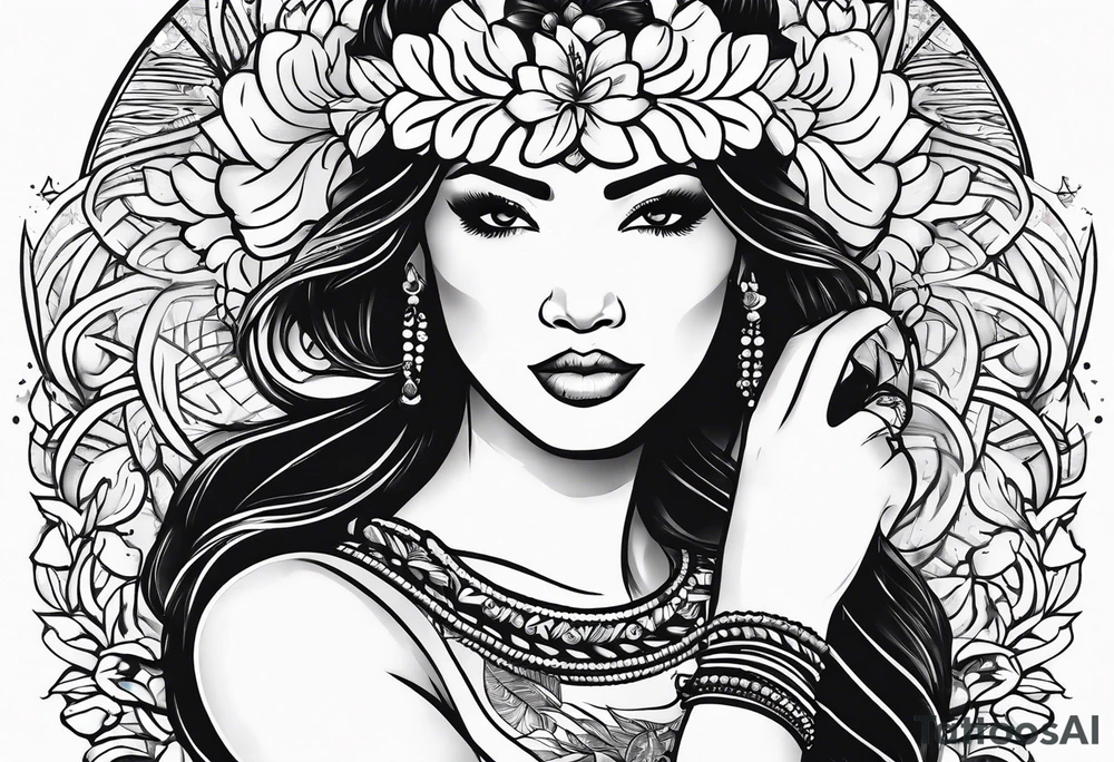 hula girl squating and dance with gun tattoo idea