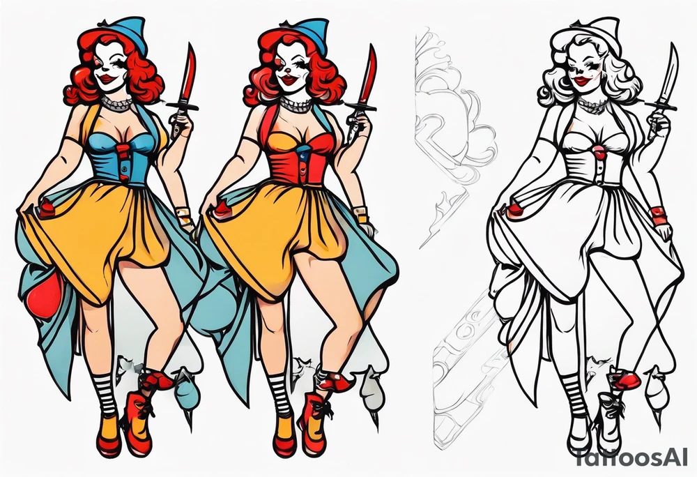 full body female pin up clown holding knife tattoo idea