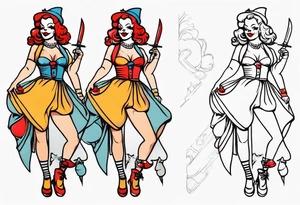full body female pin up clown holding knife tattoo idea