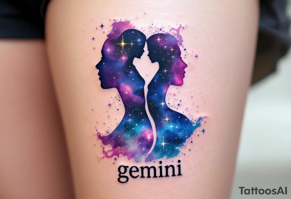 A galaxy-filled silhouette of twin figures, blending purples, blues, and glowing stardust effects and word "gemini" under it. tattoo idea