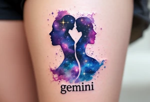 A galaxy-filled silhouette of twin figures, blending purples, blues, and glowing stardust effects and word "gemini" under it. tattoo idea