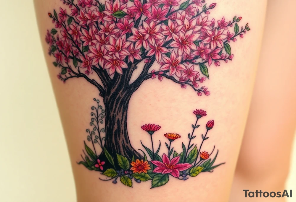 Lilly of the vally plants underneath a blooming hawthorn tree with other colorful plants on ground tattoo idea