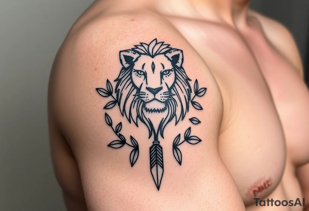 make me a realistic a Leo with an arrow coming out down and two sides surrounded by an olive tree leaf tattoo idea