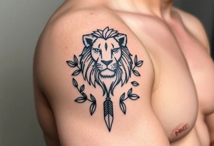 make me a  realistic  a Leo   with an arrow coming out down and two sides surrounded by an olive tree leaf tattoo idea