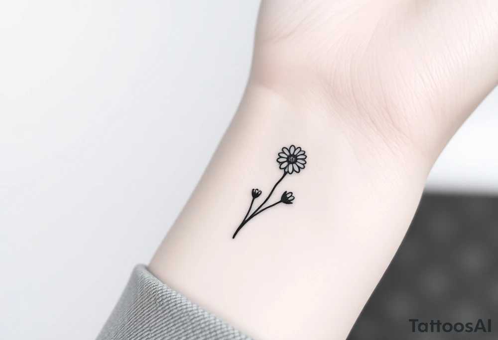 Small black and white tattoo waxing crescent moon with small Daisy birth flower and tiny Leo gliph tattoo idea