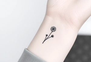 Small black and white tattoo waxing crescent moon with small Daisy birth flower and tiny Leo gliph tattoo idea