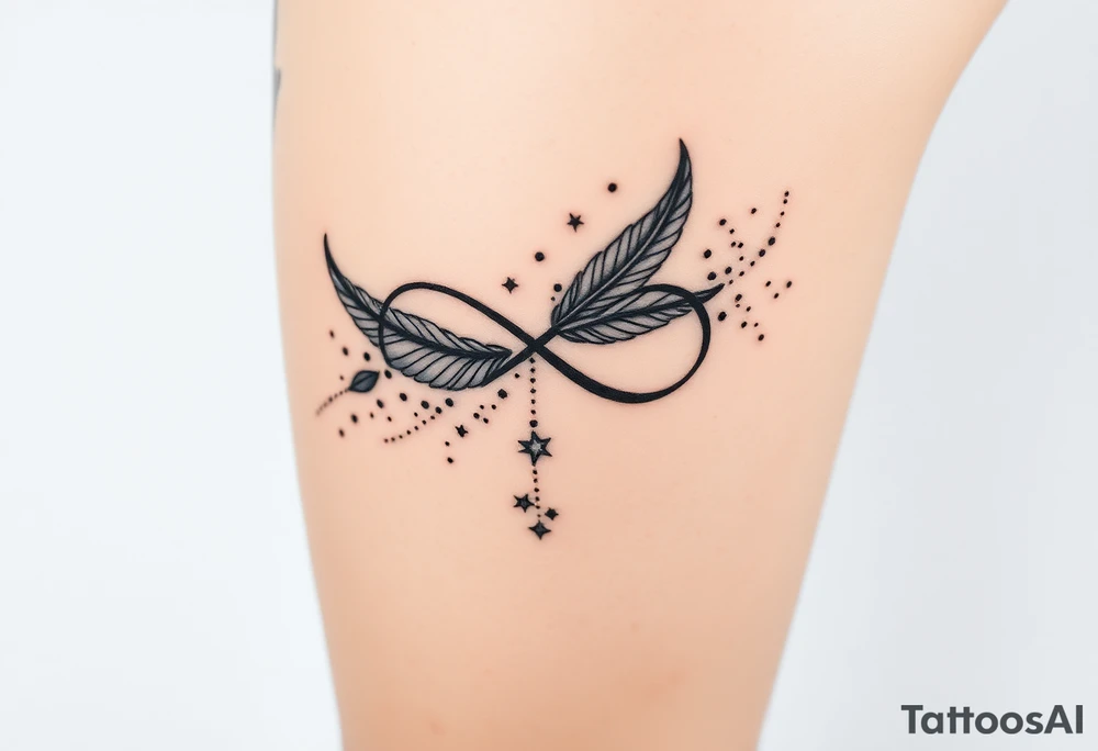 infinity symbol woven with floating feathers and stardust tattoo idea