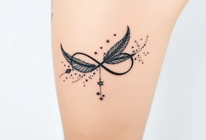 infinity symbol woven with floating feathers and stardust tattoo idea