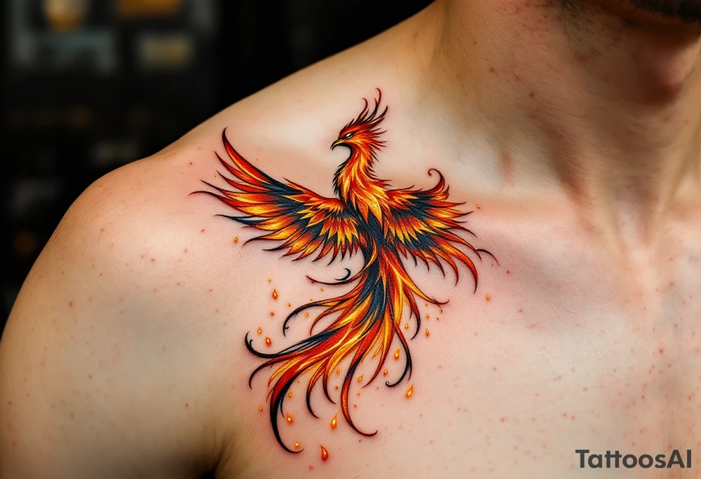 A majestic phoenix rising from swirling golden flames, its feathers a brilliant mix of fiery red, deep orange, and shimmering gold. Its wings extend with elegant curves, forming a protective arc, while embers and glowing sparks trail behind, representing rebirth and resilience. tattoo idea