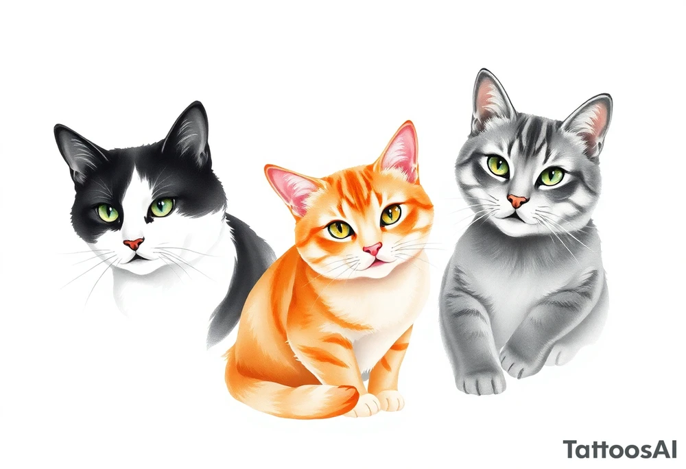 three cats, one black and white cat, one orange and white cat and one grey tabby cat tattoo idea