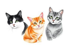 three cats, one black and white cat, one orange and white cat and one grey tabby cat tattoo idea